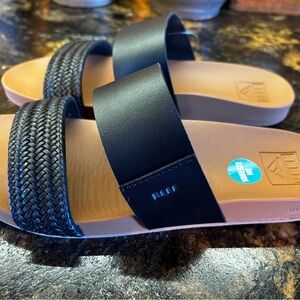 Reef, Cushion Vista, Black and Brown Double-Band Slide Sandals